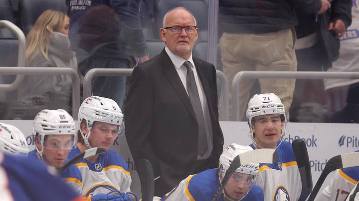 Jan 24, 2026; Elmont, New York, USA; Buffalo Sabres head coach Lindy Ruff coaches against the New York Islanders during the first period at UBS Arena. Mandatory Credit: Brad Penner-Imagn Images