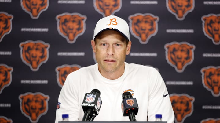Jul 24, 2025; Lake Forest, IL, USA; Chicago Bears head coach Ben Johnson speaks during training camp at Halas Hall. Mandatory Credit: Kamil Krzaczynski-Imagn Images