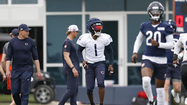 Jun 3, 2025; Lake Forest, IL, USA; Chicago Bears cornerback Jaylon Johnson (1) warms up during minicamp at Halas Hall. Mandatory Credit: Kamil Krzaczynski-Imagn Images