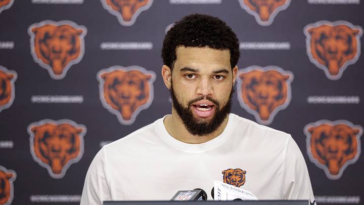 Jun 11, 2026; Lake Forest, IL, USA; Chicago Bears quarterback Caleb Williams (18) speaks during Minicamp at Halas Hall. Mandatory Credit: Kamil Krzaczynski-Imagn Images Jun 11, 2026; Lake Forest, IL, USA; Chicago Bears quarterback Caleb Williams (18) speaks during Minicamp at Halas Hall. Mandatory Credit: Kamil Krzaczynski-Imagn Images