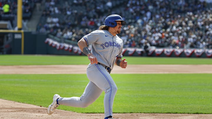 Apr 3, 2026; Chicago, Illinois, USA; Toronto Blue Jays right fielder Addison Barger (47) runs to score against the Chicago White Sox during the second inning at Rate Field. Mandatory Credit: Kamil Krzaczynski-Imagn Images Apr 3, 2026; Chicago, Illinois, USA; Toronto Blue Jays right fielder Addison Barger (47) runs to score against the Chicago White Sox during the second inning at Rate Field. Mandatory Credit: Kamil Krzaczynski-Imagn Images