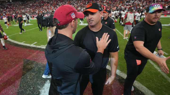 Oct 8, 2023; Glendale, Arizona, United States; Arizona Cardinals head coach Jonathan Gannon greets Oct 8, 2023; Glendale, Arizona, United States; Arizona Cardinals head coach Jonathan Gannon greets
