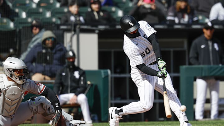 Apr 7, 2026; Chicago, Illinois, USA; Chicago White Sox first baseman Lenyn Sosa (50) hits an RBI-single against the Baltimore Orioles during the third inning at Rate Field. Mandatory Credit: Kamil Krzaczynski-Imagn Images Apr 7, 2026; Chicago, Illinois, USA; Chicago White Sox first baseman Lenyn Sosa (50) hits an RBI-single against the Baltimore Orioles during the third inning at Rate Field. Mandatory Credit: Kamil Krzaczynski-Imagn Images