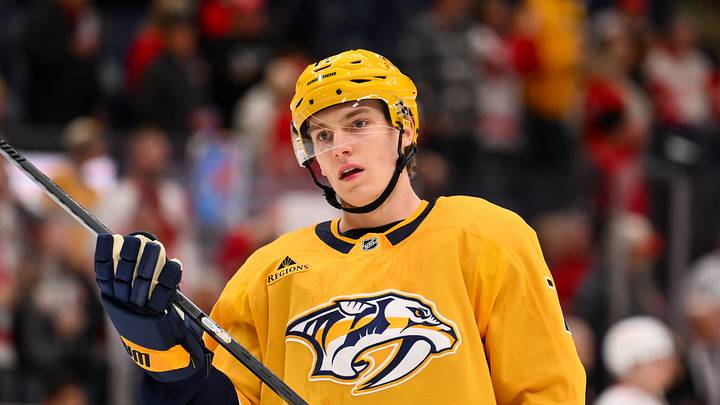 Mar 2, 2026; Nashville, Tennessee, USA;  Nashville Predators right wing Matthew Wood (71) against the Detroit Red Wings during the first period at Bridgestone Arena. Mandatory Credit: Steve Roberts-Imagn Images