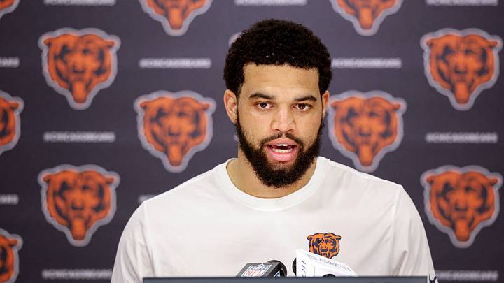 Jun 11, 2026; Lake Forest, IL, USA; Chicago Bears quarterback Caleb Williams (18) speaks during Minicamp at Halas Hall. Mandatory Credit: Kamil Krzaczynski-Imagn Images