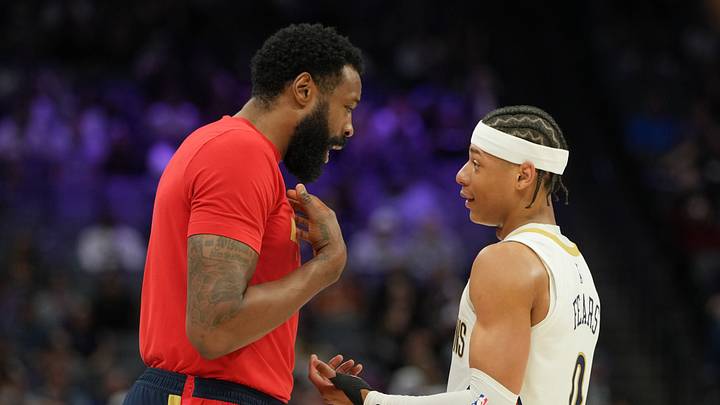 Apr 3, 2026; Sacramento, California, USA; New Orleans Pelicans center DeAndre Jordan (left) and guard Jeremiah Fears (0) talk during the fourth quarter against the Sacramento Kings at Golden 1 Center. Mandatory Credit: Darren Yamashita-Imagn Images Apr 3, 2026; Sacramento, California, USA; New Orleans Pelicans center DeAndre Jordan (left) and guard Jeremiah Fears (0) talk during the fourth quarter against the Sacramento Kings at Golden 1 Center. Mandatory Credit: Darren Yamashita-Imagn Images