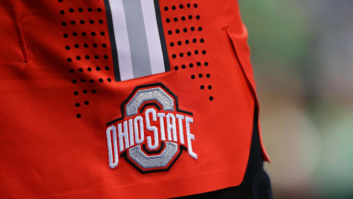 Mar 24, 2017; Lexington, KY, USA; A view of the Ohio State Buckeyes logo on a pair of official game shorts in the semifinals of the Lexington Regional of the women's 2017 NCAA Tournament at Rupp Arena. Notre Dame won 99-76. Mandatory Credit: Aaron Doster-Imagn Images