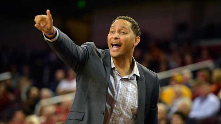 Nov 23, 2015; Los Angeles, CA, USA; Southern California Trojans associate head coach Tony Bland reacts during a NCAA basketball game against the Cal State Northridge Matadors at Galen Center. USC defeated CSUN 96-61. Mandatory Credit: Kirby Lee-Imagn Images