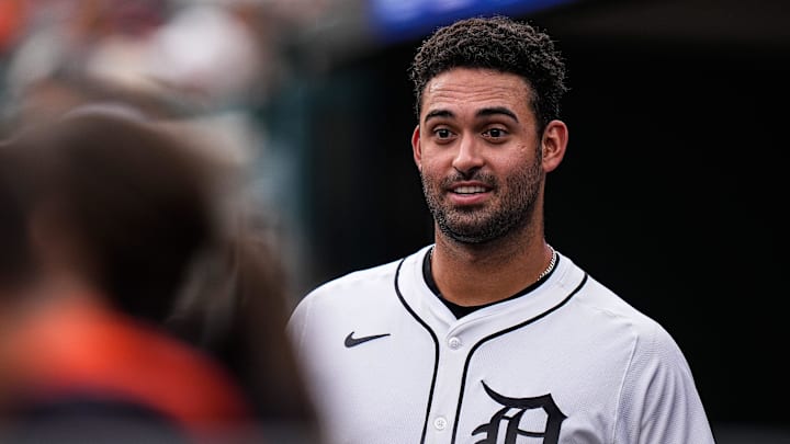 Detroit Tigers designated hitter Riley Greene (31) talks to teammates in the dugout during the first inning against Minnesota Twins at Comerica Park in Detroit in Monday, August 4, 2025.