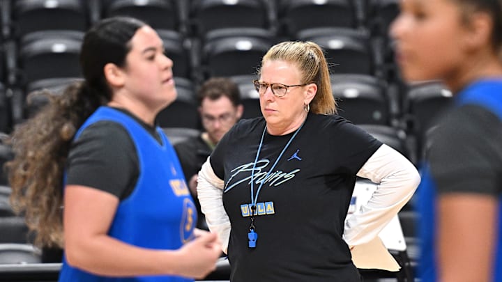 Mar 27, 2025; Spokane, WA, USA; UCLA Bruins head coach Cori Close looks on during an NCAA Tournament practice session at Spokane Arena. Mandatory Credit: James Snook-Imagn Images