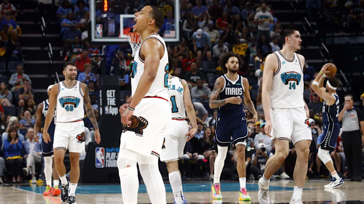 Apr 18, 2025; Memphis, Tennessee, USA; Memphis Grizzlies guard Desmond Bane (22) reacts during the second quarter against the Dallas Mavericks at FedExForum. Mandatory Credit: Petre Thomas-Imagn Images