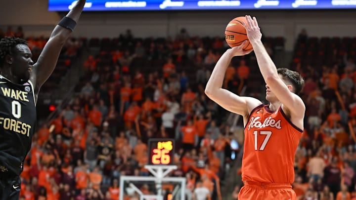 Feb 21, 2026; Blacksburg, Va.; Virginia Tech guard Neoklis Avdalas (17) shoots a shot.