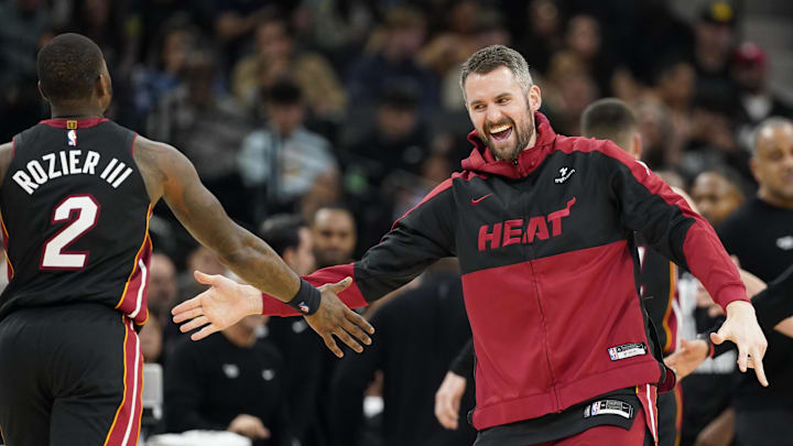 Feb 1, 2025; San Antonio, Texas, USA; Miami Heat forward Kevin Love (42) reacts after guard Terry Rozier (2) scored during the second half against the San Antonio Spurs at Frost Bank Center. Mandatory Credit: Scott Wachter-Imagn Images Feb 1, 2025; San Antonio, Texas, USA; Miami Heat forward Kevin Love (42) reacts after guard Terry Rozier (2) scored during the second half against the San Antonio Spurs at Frost Bank Center. Mandatory Credit: Scott Wachter-Imagn Images