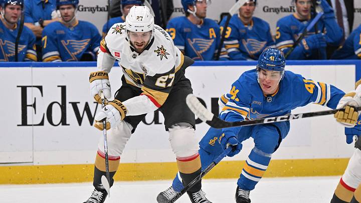 Oct 22, 2026; St. Louis, Missouri, USA; St. Louis Blues center Aleksanteri Kaskimaki (41) pressures Vegas Golden Knights defenseman Shea Theodore (27) during the second period at Enterprise Center. Mandatory Credit: Jeff Le-Imagn Images Oct 22, 2026; St. Louis, Missouri, USA; St. Louis Blues center Aleksanteri Kaskimaki (41) pressures Vegas Golden Knights defenseman Shea Theodore (27) during the second period at Enterprise Center. Mandatory Credit: Jeff Le-Imagn Images