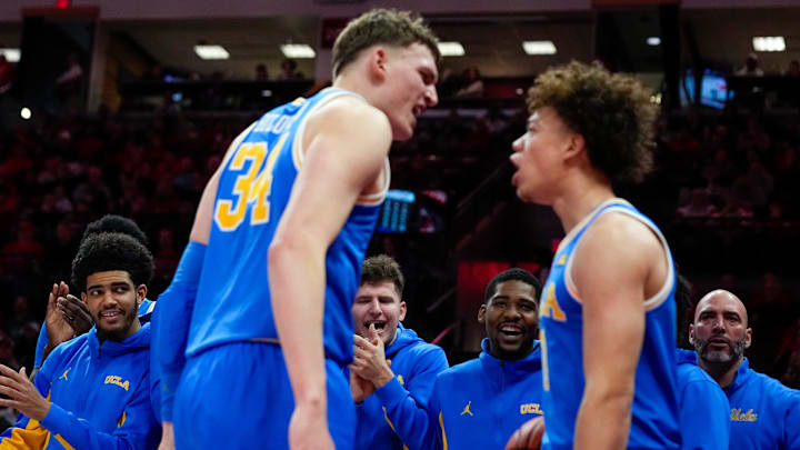 UCLA Bruins celebrate in the first half at Value City Arena on Saturday, Jan. 17, 2026 in Columbus, Ohio.