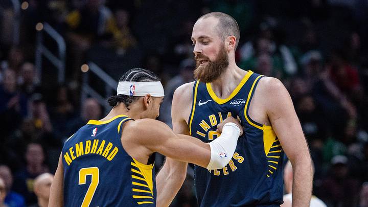 Jan 12, 2026; Indianapolis, Indiana, USA; Indiana Pacers guard/forward Andrew Nembhard (2) and center Jay Huff (32) celebrate a made basket  in the second half against the Boston Celtics at Gainbridge Fieldhouse. Mandatory Credit: Trevor Ruszkowski-Imagn Images