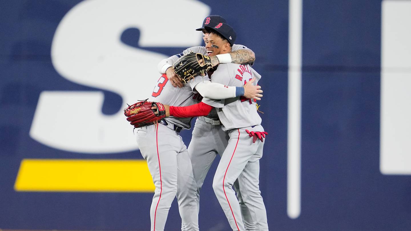 Red Sox players celebrating walk-off win
