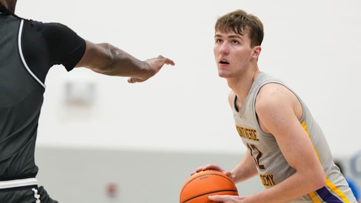 Montverde's Trent Sisley (12) searches to pass the ball Wednesday, April 2, 2025, during the first game of the Chipotle Nationals at Hamilton Southeastern High School in Fishers.