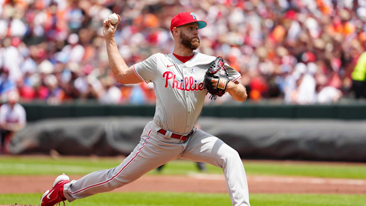 Jun 16, 2024; Baltimore, Maryland, USA; Philadelphia Phillies pitcher Zach Wheeler (45) delivers a pitch against the Baltimore Orioles during the first inning at Oriole Park at Camden Yards. Mandatory Credit: Gregory Fisher-USA TODAY Sports