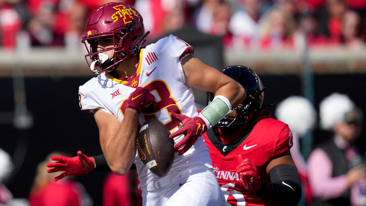 Iowa State Cyclones tight end Benjamin Brahmer (18) drops a pass in the end zone in the first quarter during a college football game between the Iowa State Cyclones and the Cincinnati Bearcats Saturday, Oct. 14, 2023, at Nippert Stadium win Cincinnati. Iowa State Cyclones tight end Benjamin Brahmer (18) drops a pass in the end zone in the first quarter during a college football game between the Iowa State Cyclones and the Cincinnati Bearcats Saturday, Oct. 14, 2023, at Nippert Stadium win Cincinnati.