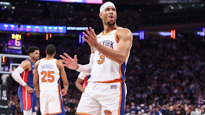 Apr 29, 2025; New York, New York, USA; New York Knicks guard Josh Hart (3) reacts after being called for a foul in the second quarter against the Detroit Pistons during game five of first round for the 2025 NBA Playoffs at Madison Square Garden. Mandatory Credit: Wendell Cruz-Imagn Images Apr 29, 2025; New York, New York, USA; New York Knicks guard Josh Hart (3) reacts after being called for a foul in the second quarter against the Detroit Pistons during game five of first round for the 2025 NBA Playoffs at Madison Square Garden. Mandatory Credit: Wendell Cruz-Imagn Images