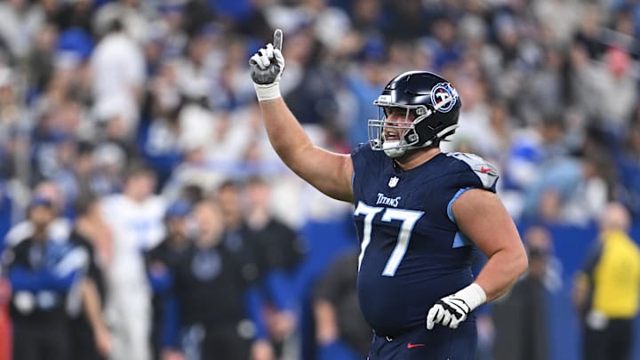 Tennessee Titans offensive tackle Peter Skoronski celebrates a touchdown during the first quarter. Mandatory Credit: Marc Lebryk-Imagn Images