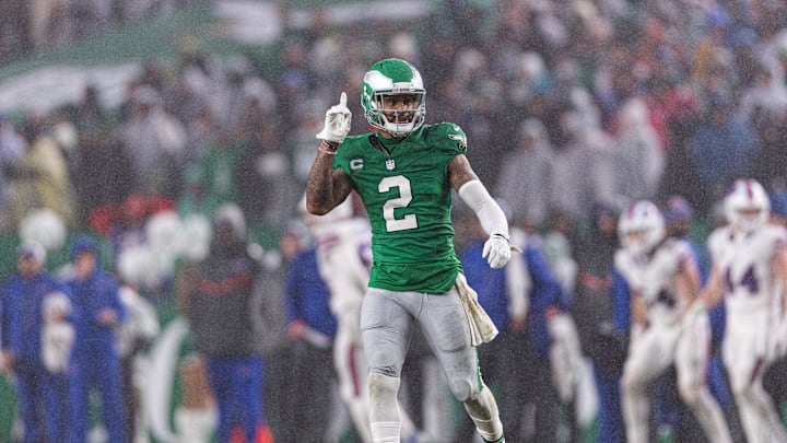 Nov 26, 2023; Philadelphia, Pennsylvania, USA; Philadelphia Eagles cornerback Darius Slay (2) reacts after breaking up a pass play against the Buffalo Bills during the second quarter at Lincoln Financial Field. Mandatory Credit: Bill Streicher-Imagn Images