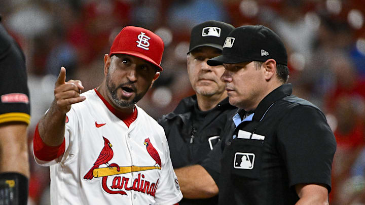 Sep 18, 2024; St. Louis, Missouri, USA; St. Louis Cardinals manager Oliver Marmol (37) argues with umpire DJ Reyburn (17) after he was ejected form the game against the Pittsburgh Pirates during the fourth inning at Busch Stadium. Mandatory Credit: Jeff Curry-Imagn Images Sep 18, 2024; St. Louis, Missouri, USA; St. Louis Cardinals manager Oliver Marmol (37) argues with umpire DJ Reyburn (17) after he was ejected form the game against the Pittsburgh Pirates during the fourth inning at Busch Stadium. Mandatory Credit: Jeff Curry-Imagn Images