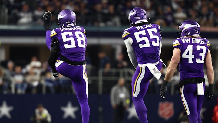 Dec 14, 2025; Arlington, Texas, USA; Minnesota Vikings linebacker Jonathan Greenard (58), linebacker Eric Wilson (55) and linebacker Andrew van Ginkel (43) celebrate after a play during the first half against the Dallas Cowboys at AT&T Stadium. Mandatory Credit: Kevin Jairaj-Imagn Images
