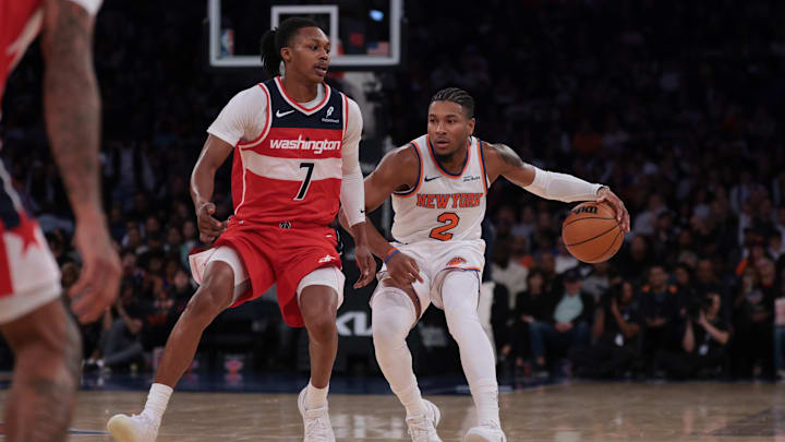 Oct 13, 2025; New York, New York, USA; New York Knicks guard Miles McBride (2) dribbles up court against Washington Wizards guard Bub Carrington (7) during the first half at Madison Square Garden. Mandatory Credit: Vincent Carchietta-Imagn Images Oct 13, 2025; New York, New York, USA; New York Knicks guard Miles McBride (2) dribbles up court against Washington Wizards guard Bub Carrington (7) during the first half at Madison Square Garden. Mandatory Credit: Vincent Carchietta-Imagn Images