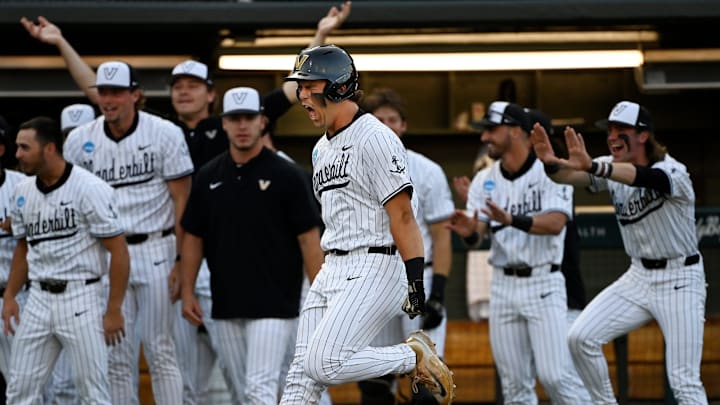 Vanderbilt’s Riley Nelson celebrates after hitting a 2-run homer giving Vanderbilt the lead in the bottom of the eighth inning of the Nashville Regional NCAA Baseball Tournament game against Wright State at Hawkins Field Friday, May 30, 2025, in Nashville, Tenn. Vanderbilt won 4-3.
