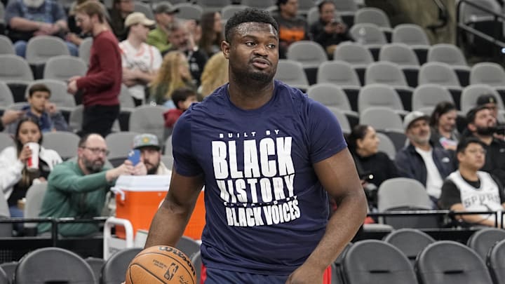 Feb 2, 2024; San Antonio, Texas, USA; New Orleans Pelicans forward Zion Williamson (1) wears a Black History Month shirt before the game against the San Antonio Spurs. Mandatory Credit: Scott Wachter-Imagn Images