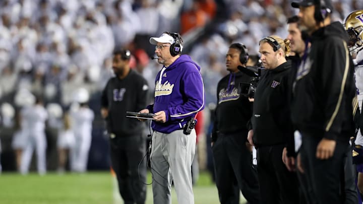 Nov 9, 2024; University Park, Pennsylvania, USA; Washington Huskies head coach Jedd Fisch looks on from the sideline during the second quarter against the Penn State Nittany Lions at Beaver Stadium. Mandatory Credit: Matthew O'Haren-Imagn Images Nov 9, 2024; University Park, Pennsylvania, USA; Washington Huskies head coach Jedd Fisch looks on from the sideline during the second quarter against the Penn State Nittany Lions at Beaver Stadium. Mandatory Credit: Matthew O'Haren-Imagn Images