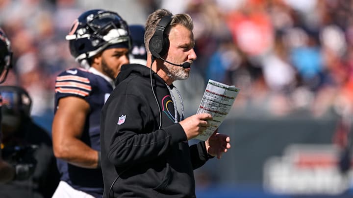 Oct 6, 2024; Chicago, Illinois, USA; Chicago Bears head coach Matt Eberflus looks on against the Carolina Panthers during the third quarter at Soldier Field.