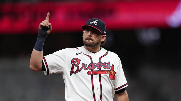 Jun 4, 2026; Cumberland, Georgia, USA; Atlanta Braves third baseman Austin Riley (27) reacts against the Toronto Blue Jays in the seventh inning at Truist Park. Mandatory Credit: Mady Mertens-Imagn Images Jun 4, 2026; Cumberland, Georgia, USA; Atlanta Braves third baseman Austin Riley (27) reacts against the Toronto Blue Jays in the seventh inning at Truist Park. Mandatory Credit: Mady Mertens-Imagn Images