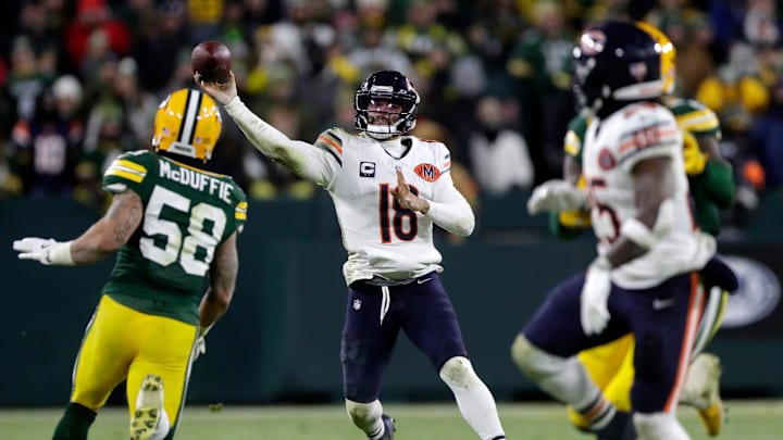 Chicago Bears quarterback Caleb Williams (18) passes the ball during a football game against the Green Bay Packers on Dec. 7, 2025, at Lambeau Field in Green Bay, Wis. The Packers defeated the Bears 28-21. Chicago Bears quarterback Caleb Williams (18) passes the ball during a football game against the Green Bay Packers on Dec. 7, 2025, at Lambeau Field in Green Bay, Wis. The Packers defeated the Bears 28-21.