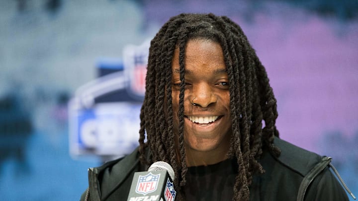 Feb 25, 2020; Indianapolis, Indiana, USA; Colorado wide receiver Laviska Shenault Jr (WO49) speaks to the media during the 2020 NFL Combine in the Indianapolis Convention Center. Mandatory Credit: Trevor Ruszkowski-Imagn Images