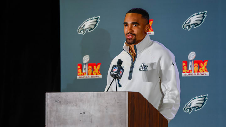 Feb 6, 2025; New Orleans, LA, USA;  Philadelphia Eagles quarterback Jalen Hurts (1) during a press conference in advance of Super Bowl LIX at New Orleans Marriott. Mandatory Credit: Stephen Lew-Imagn Images