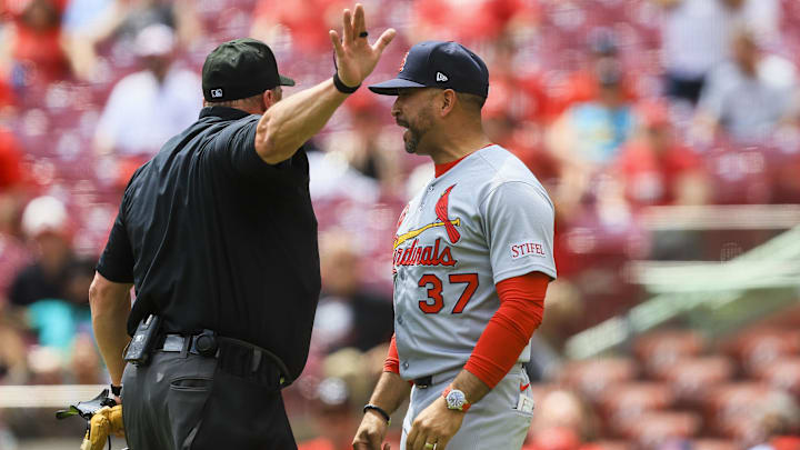 Apr 30, 2025; Cincinnati, Ohio, USA; St. Louis Cardinals manager Oliver Marmol (37) reacts after being ejected from the game by umpire Bruce Dreckman (1) in the eighth inning against the Cincinnati Reds at Great American Ball Park. Mandatory Credit: Katie Stratman-Imagn Images