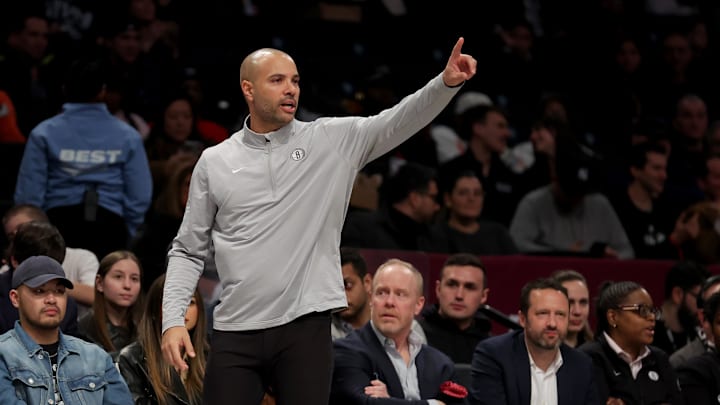 Apr 10, 2025; Brooklyn, New York, USA; Brooklyn Nets head coach Jordi Fernandez coaches against the Atlanta Hawks during the second quarter at Barclays Center. Mandatory Credit: Brad Penner-Imagn Images Apr 10, 2025; Brooklyn, New York, USA; Brooklyn Nets head coach Jordi Fernandez coaches against the Atlanta Hawks during the second quarter at Barclays Center. Mandatory Credit: Brad Penner-Imagn Images