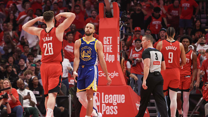 Apr 30, 2025; Houston, Texas, USA;Golden State Warriors guard Stephen Curry (30) reacts to the Houston Rockets basket in the second quarter during game five of first round for the 2025 NBA Playoffs at Toyota Center. Mandatory Credit: Thomas Shea-Imagn Images