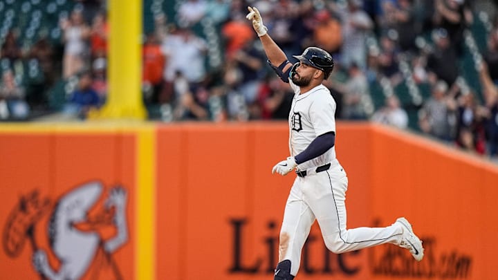 Detroit Tigers left fielder Riley Greene (31) bats a 2-run home run against Boston Red Sox during the sixth inning at Comerica Park in Detroit on Wednesday, May 14, 2025. Detroit Tigers left fielder Riley Greene (31) bats a 2-run home run against Boston Red Sox during the sixth inning at Comerica Park in Detroit on Wednesday, May 14, 2025.