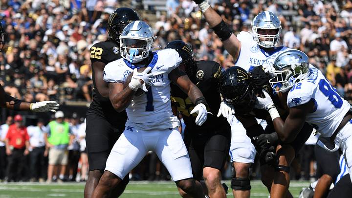 Sep 23, 2023; Nashville, Tennessee, USA; Kentucky Wildcats running back Ray Davis (1) runs for a touchdown against the Vanderbilt Commodores during the first half at FirstBank Stadium. Mandatory Credit: Christopher Hanewinckel-USA TODAY Sports