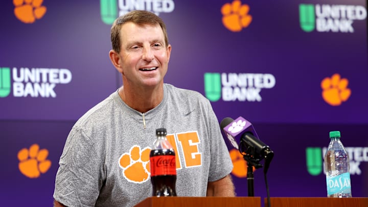 Dabo Swinney takes questions from the media during the 2025 Clemson Football Camp
