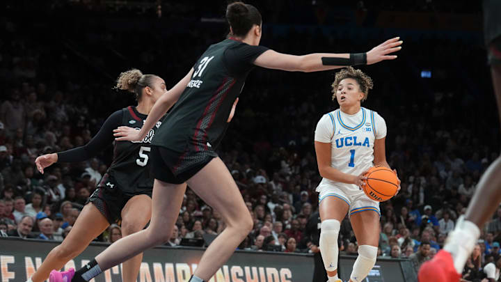 UCLA Bruins guard Kiki Rice (1) drives into the lane against the South Carolina Gamecocks during the NCAA women's basketball national championship at Mortgage Matchup Center in Phoenix on April 5, 2026.