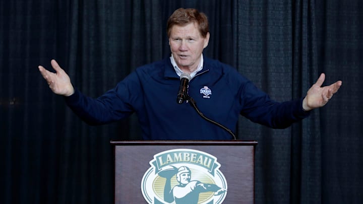 Green Bay Packers president and CEO Mark Murphy speaks during the Green Bay Packers FAN Hall of Fame ceremony on Feb. 17, 2025, at Lambeau Field in Green Bay, Wis.