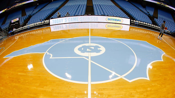Dec 6, 2017; Chapel Hill, NC, USA; A general view of the logo on the court prior to the game between the North Carolina Tar Heels and the Western Carolina Catamounts at Dean E. Smith Center. Mandatory Credit: Jeremy Brevard-Imagn Images
