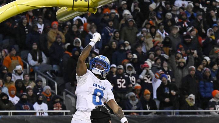 Detroit Lions running back Jahmyr Gibbs (0) celebrates after scoring a touchdown against the Chicago Bears during the first half at Soldier Field. 