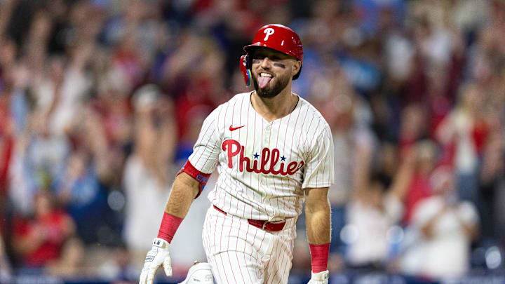 Sep 9, 2024; Philadelphia, Pennsylvania, USA; Philadelphia Phillies first baseman Kody Clemens (2) reacts after hitting a walk-off, game-winning RBI single during the ninth inning against the Tampa Bay Rays at Citizens Bank Park.