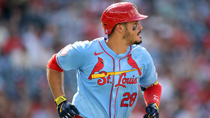 Jun 16, 2024; Washington, District of Columbia, USA; St. Louis Cardinals third base Nolan Arenado (28) runs to first base after hitting a single during the second inning against the Washington Nationals at Nationals Park. Mandatory Credit: Daniel Kucin Jr.-Imagn Images